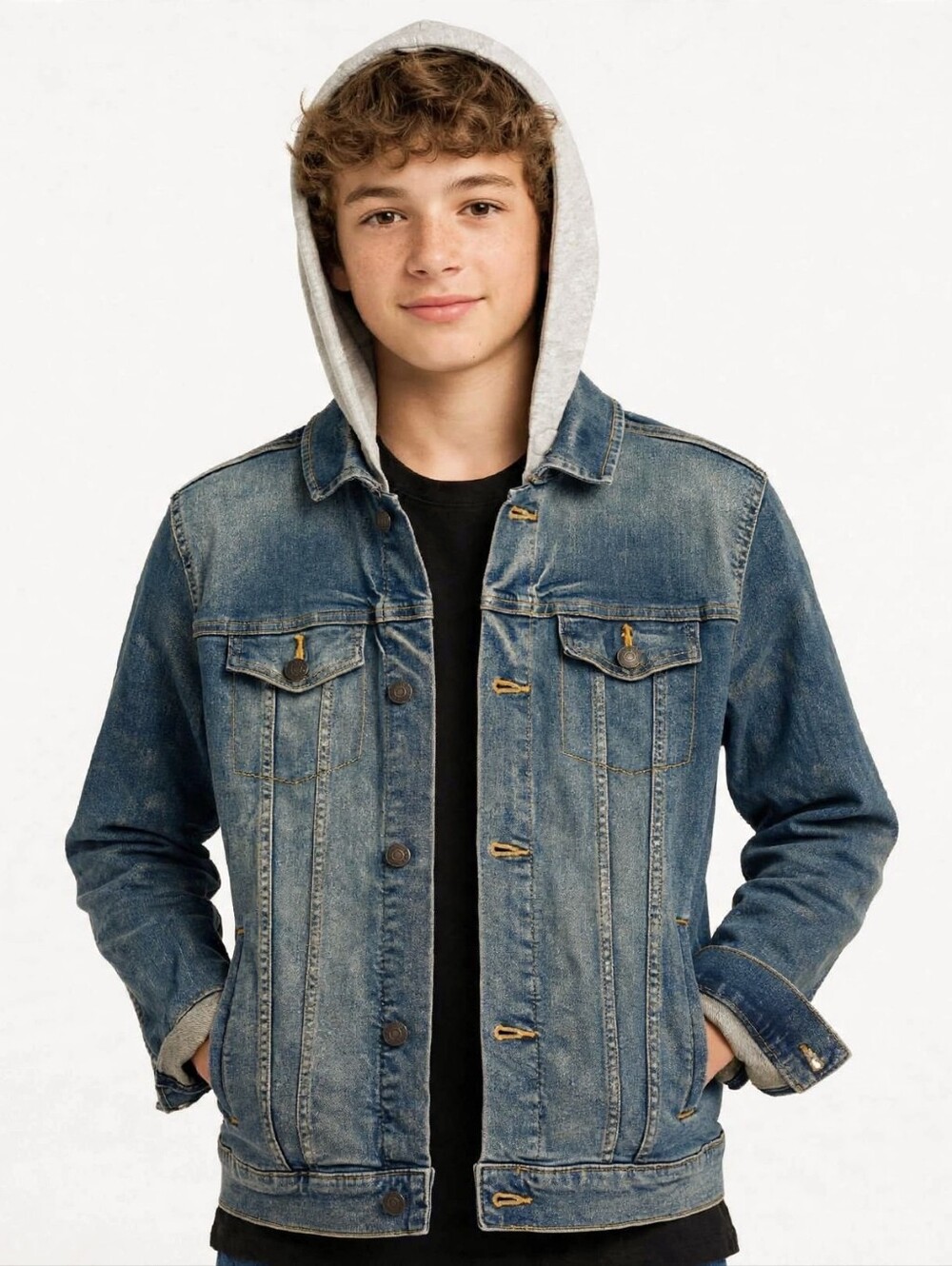 Thereabouts Boys Blue Denim Jacket Detachable Hood Size L 14/16 Button Up Trucke